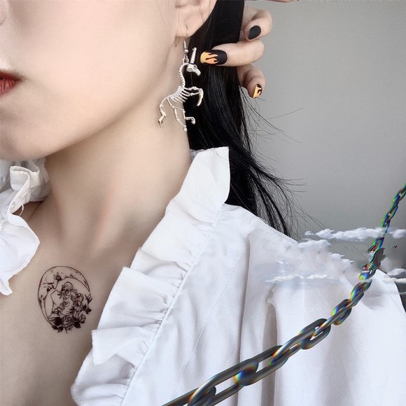 Gothic Silver Unicorn Skeleton Dangle Earrings - Picture 3 of 16